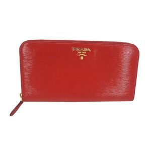 Prada Vitello Red‎ Leather Zip Around Long Continental Wallet